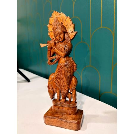 Handcrafted Wood Krishna Statue for Pooja Decor